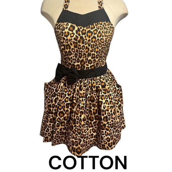SUGAR BABY APRONS Leopard Print O/S 2 Pockets 100% Cotton Black Bow and Ties - Picture 1 of 8